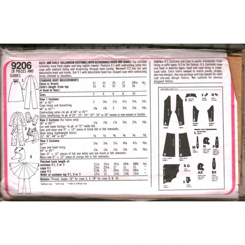 Vintage Simplicity 9206 Kids Costume Sewing Pattern Vampire Werewolf Bat Size 6